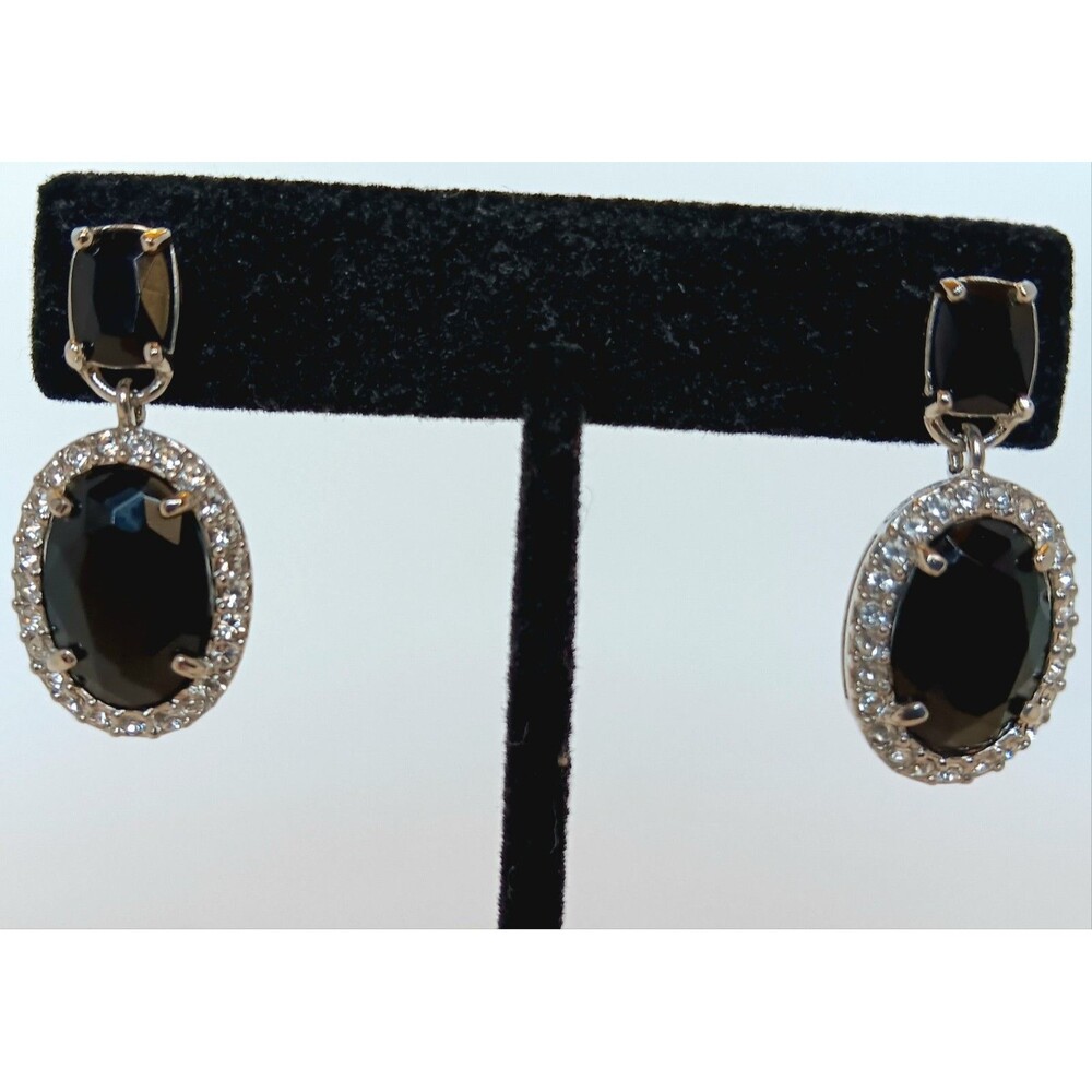 Monet Black Crystal Rhinestone Dangle Earrings Silvertone 1.25 in NWT Stunning